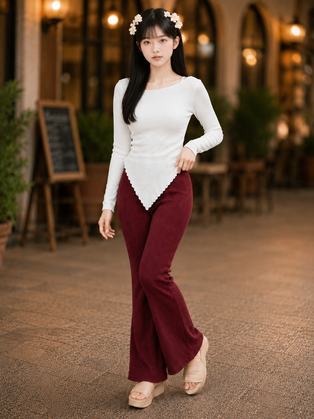 XDM-Korean Chic Asymmetrical Knit Top & Flare Pants Terno Set