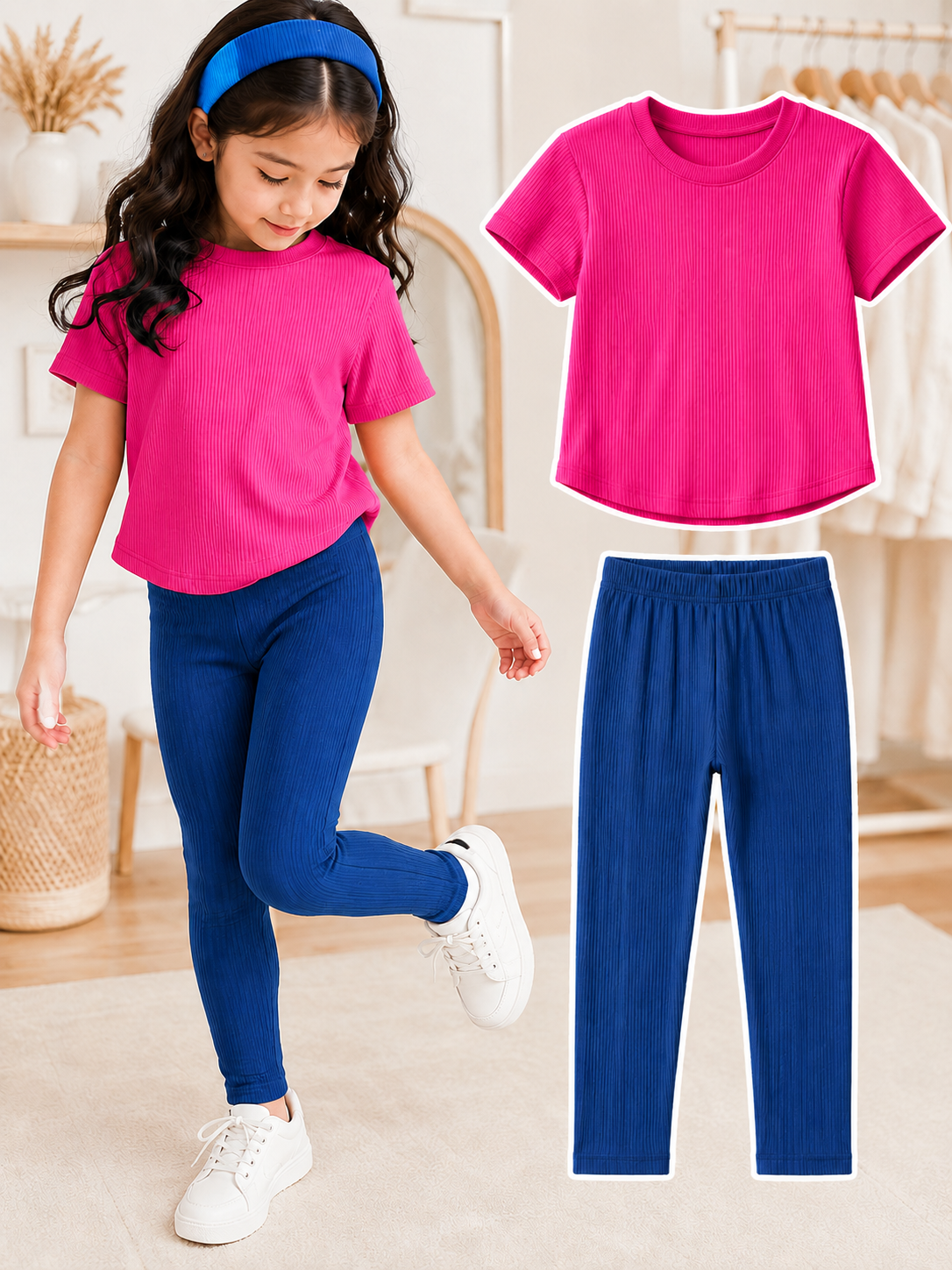 XDM-Kids 3-Piece Terno Set | Cotton Knitted Ribbed T-Shirt + Leggings + Headband