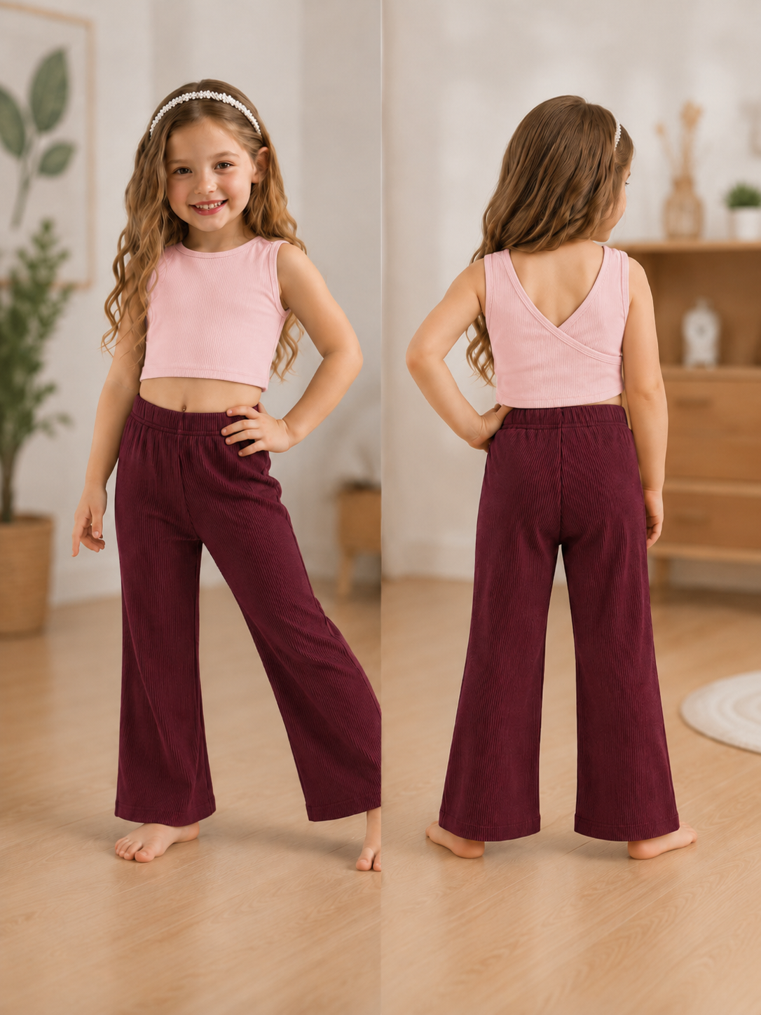 XDM-Kids Chic Cotton Spandex Crop Top + Knitted Wide-Leg Pants Terno