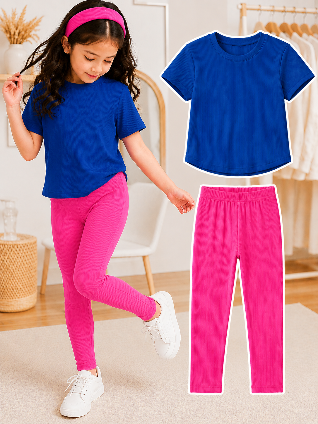 XDM-Kids 3-Piece Terno Set | Cotton Knitted Ribbed T-Shirt + Leggings + Headband