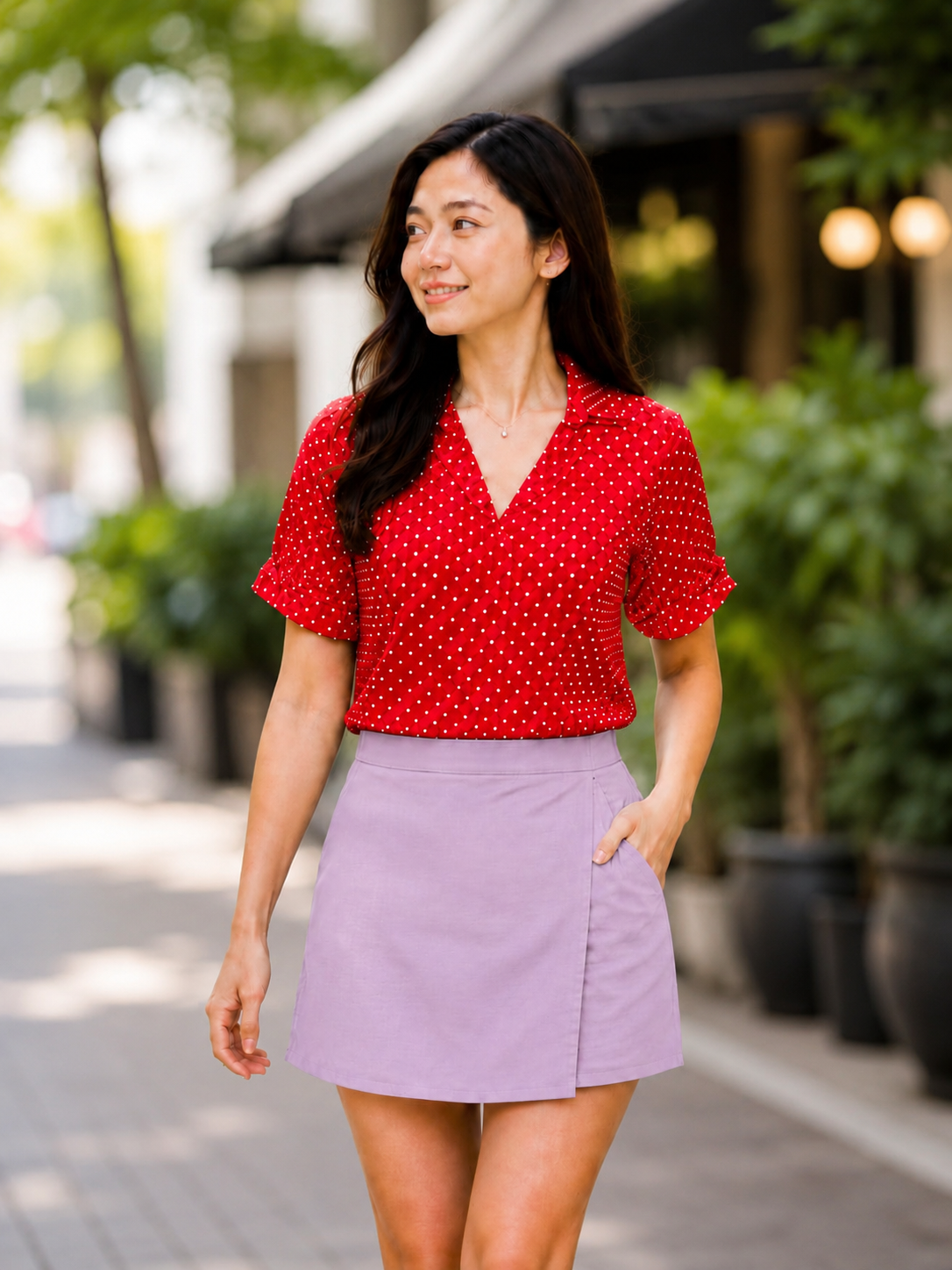 XDM-Chic Dots Challis Blouse & Cotton Linen Skort Set-Effortlessly Stylish