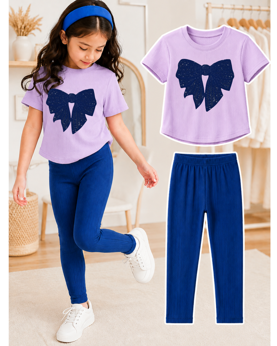 XDM-Kids 3-Piece Terno Set | Cotton Knitted Ribbed T-Shirt + Leggings + Headband