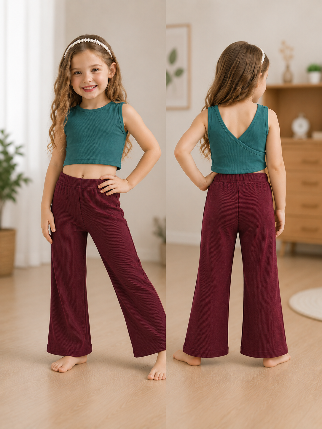 XDM-Kids Chic Cotton Spandex Crop Top + Knitted Wide-Leg Pants Terno
