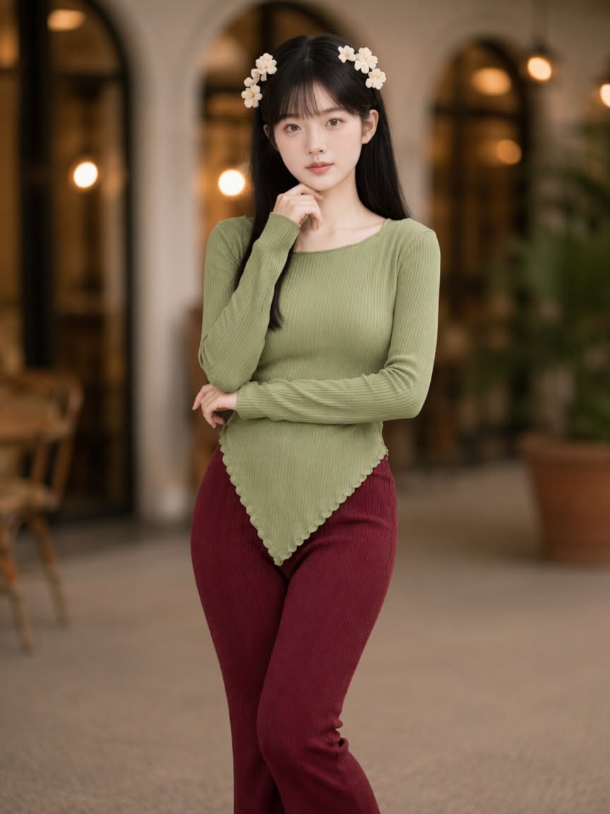 XDM-Korean Chic Asymmetrical Knit Top & Flare Pants Terno Set