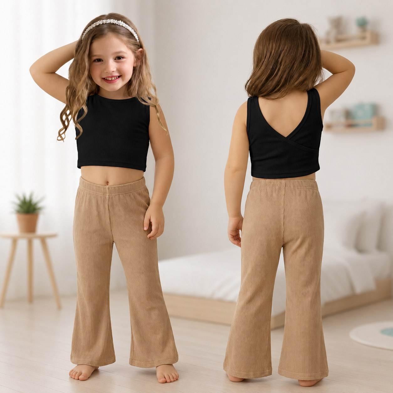 XDM-Kids Chic Cotton Spandex Crop Top + Knitted Wide-Leg Pants Terno