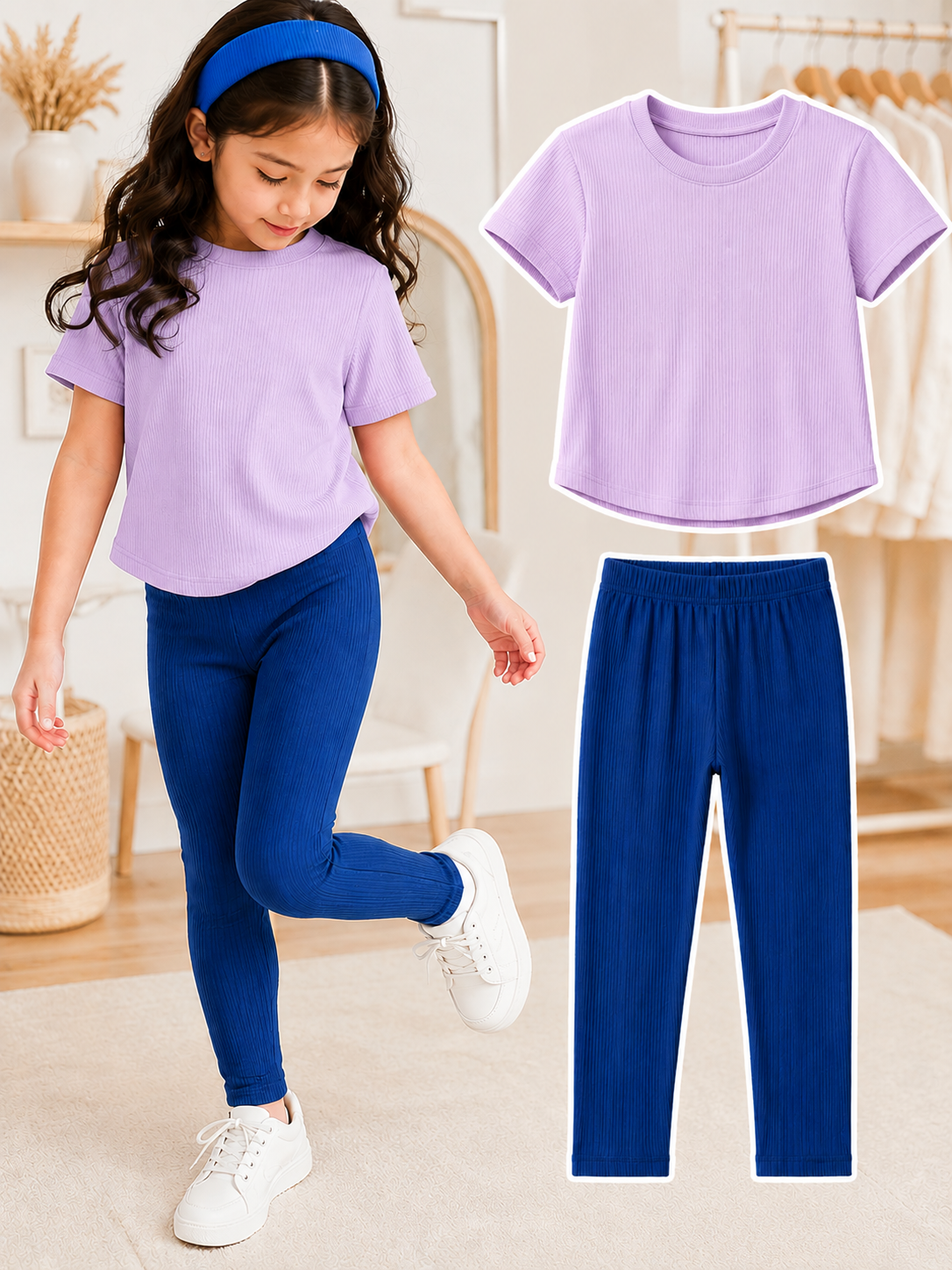 XDM-Kids 3-Piece Terno Set | Cotton Knitted Ribbed T-Shirt + Leggings + Headband