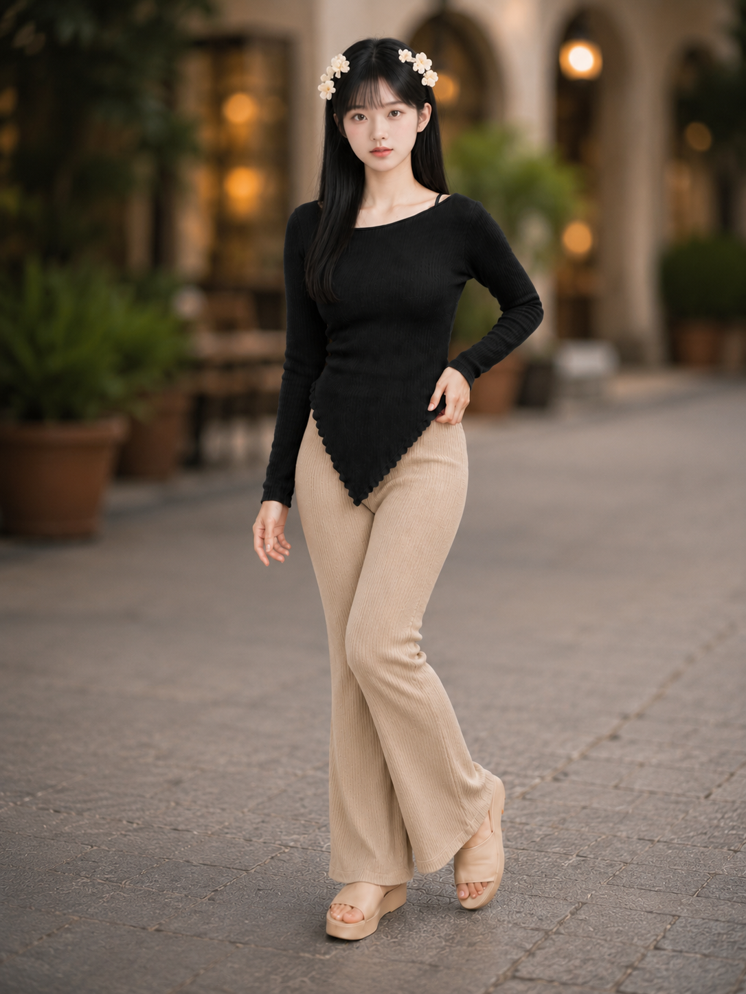 XDM-Korean Chic Asymmetrical Knit Top & Flare Pants Terno Set