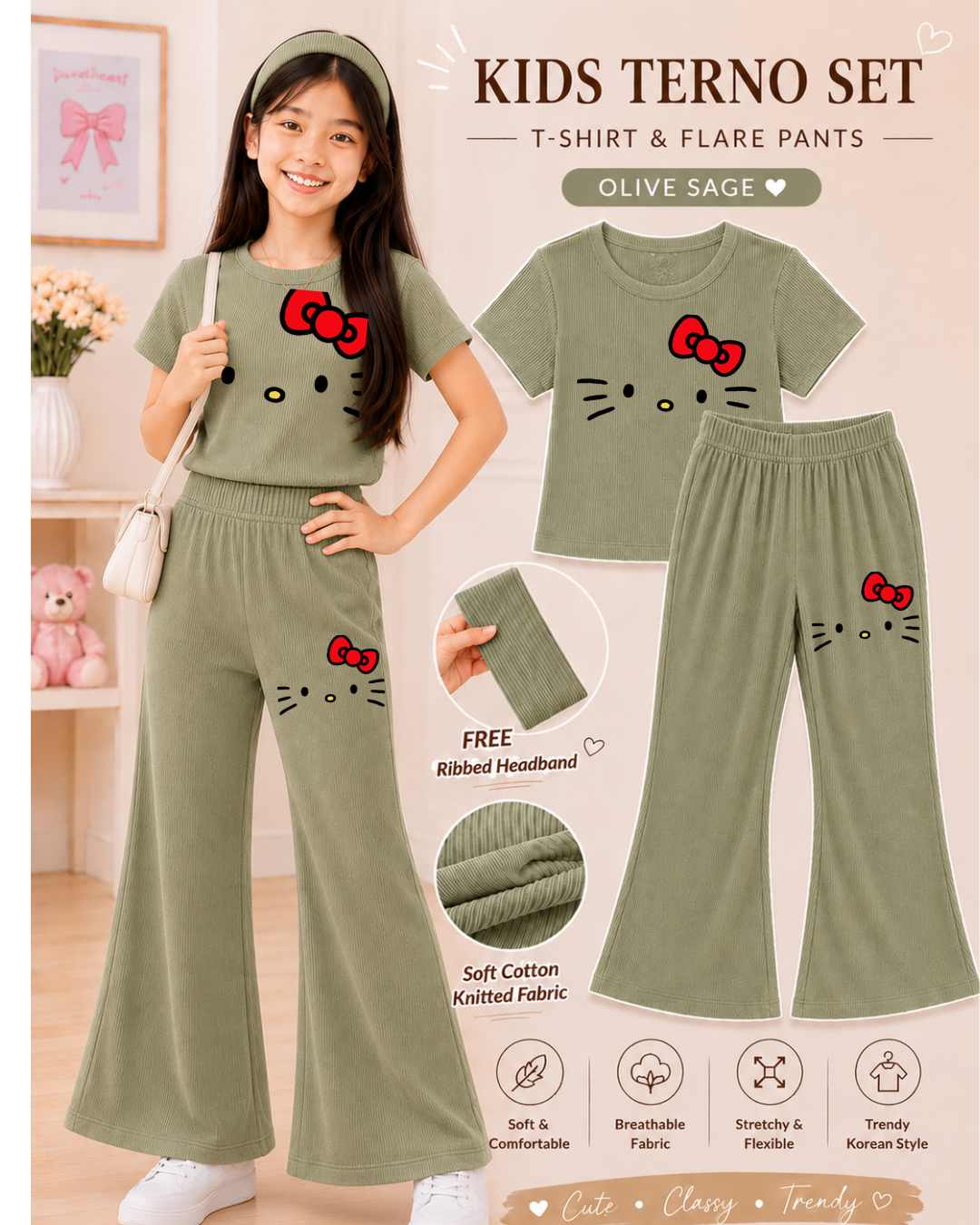 XDM-3in1 Kids Korean Terno Set for Girls | Cotton Knitted Ribbed Top, Flare Pants & Free Headband