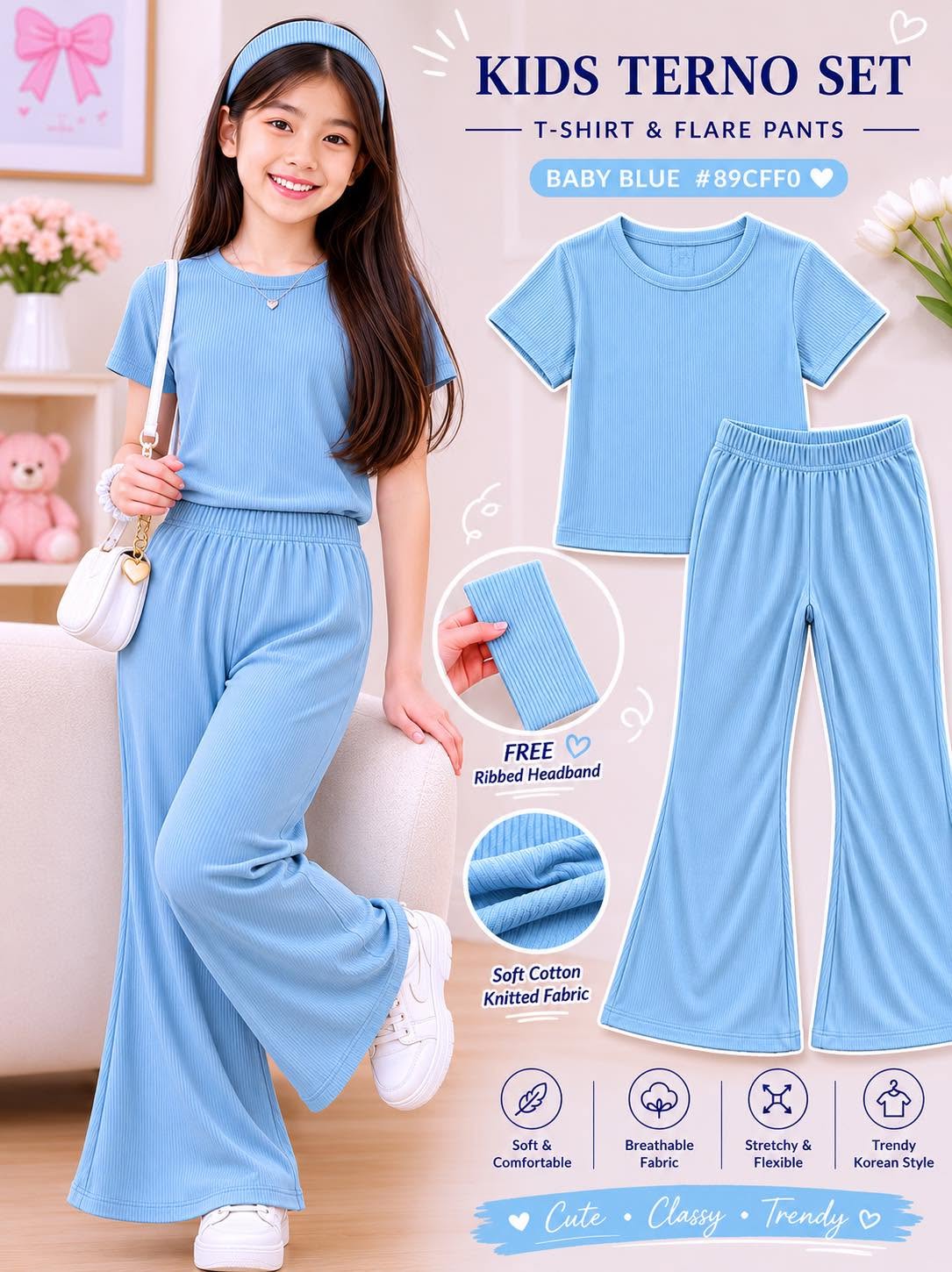 XDM-3 PIECE Kids Korean Terno Set for Girls | Soft Cotton Knitted T-Shirt & Flare Pants Co-Ord Set with Free Ribbed Headband