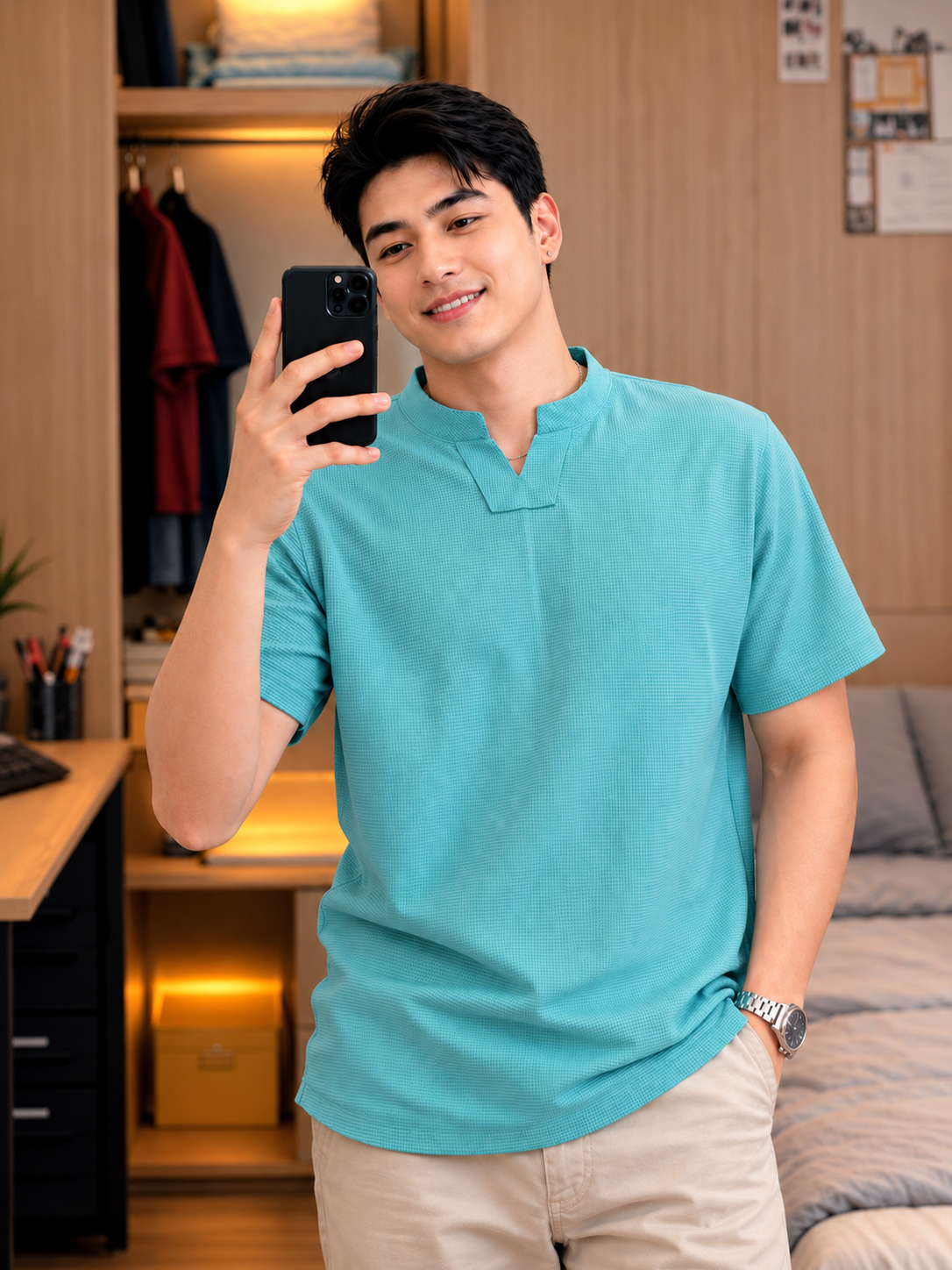 XDM-Sebastian Waffle Mandarin Collar Tee | Premium Waffle Fabric