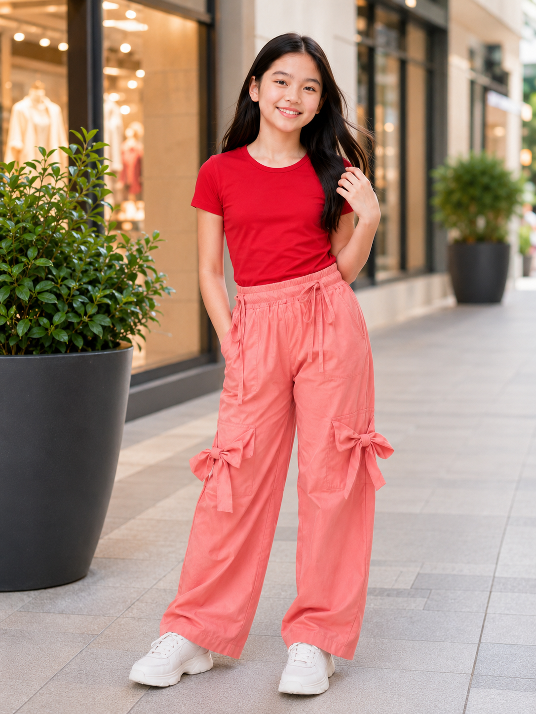 XDM-Fashionista Bow Cargo Terno Set  | Double-Lined Stretch Top + Wide-Leg Twill Pants
