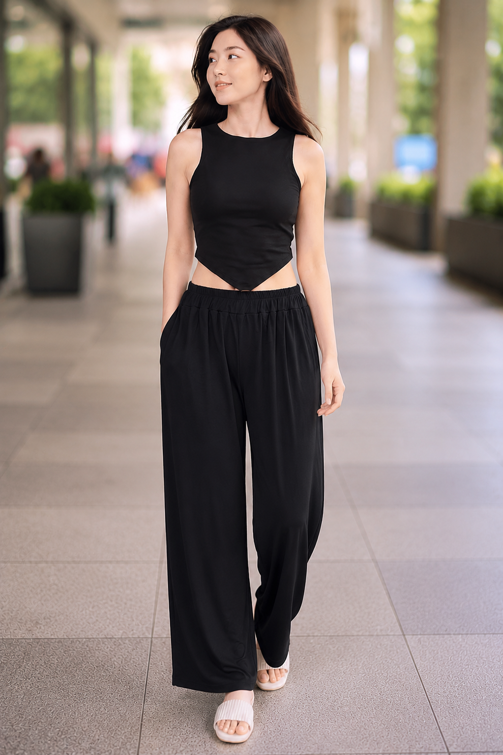 XDM-Chic Comfort  Crop Top & Flowy Wide-Leg Pants Terno Set