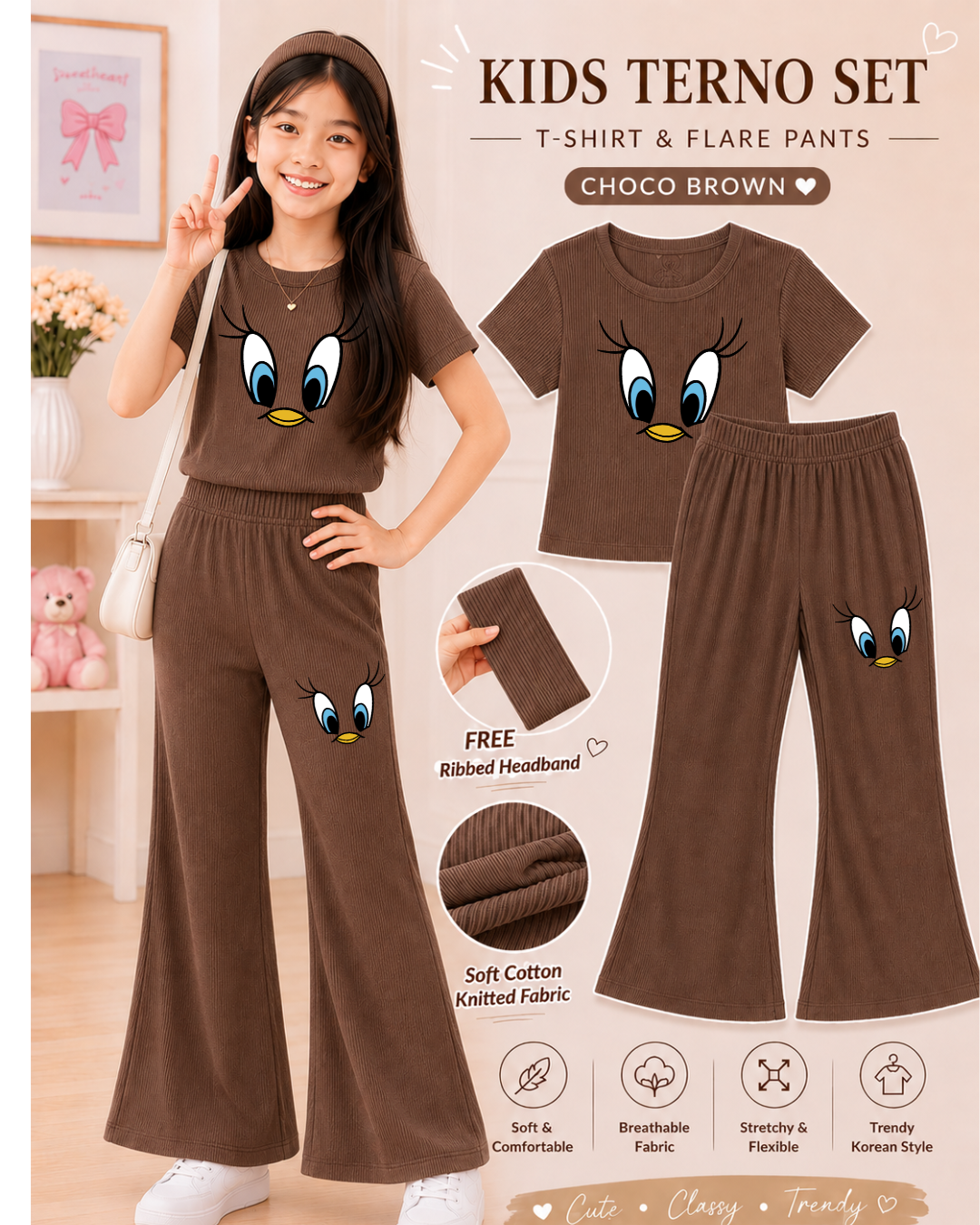 XDM-3in1 Kids Korean Terno Set for Girls | Cotton Knitted Ribbed Top, Flare Pants & Free Headband