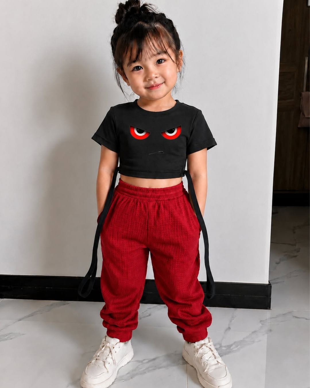 XDM-Kids Cotton Spandex Crop Top with Waffle Jogger Pants Terno Set