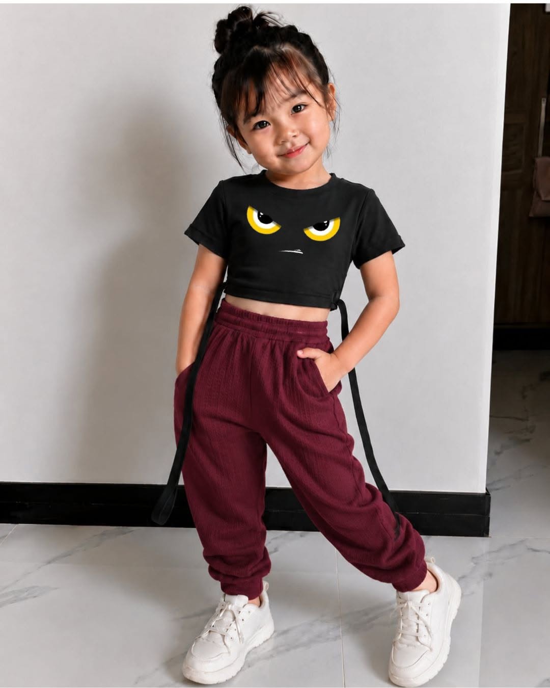XDM-Kids Cotton Spandex Crop Top with Waffle Jogger Pants Terno Set