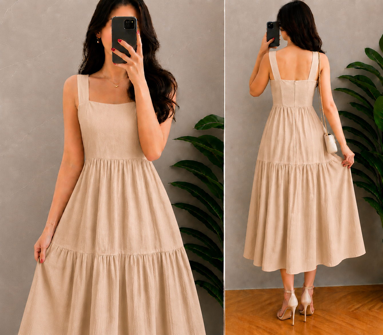 XDM-Elegant Cotton Linen  Midi Dress with Back Zipper