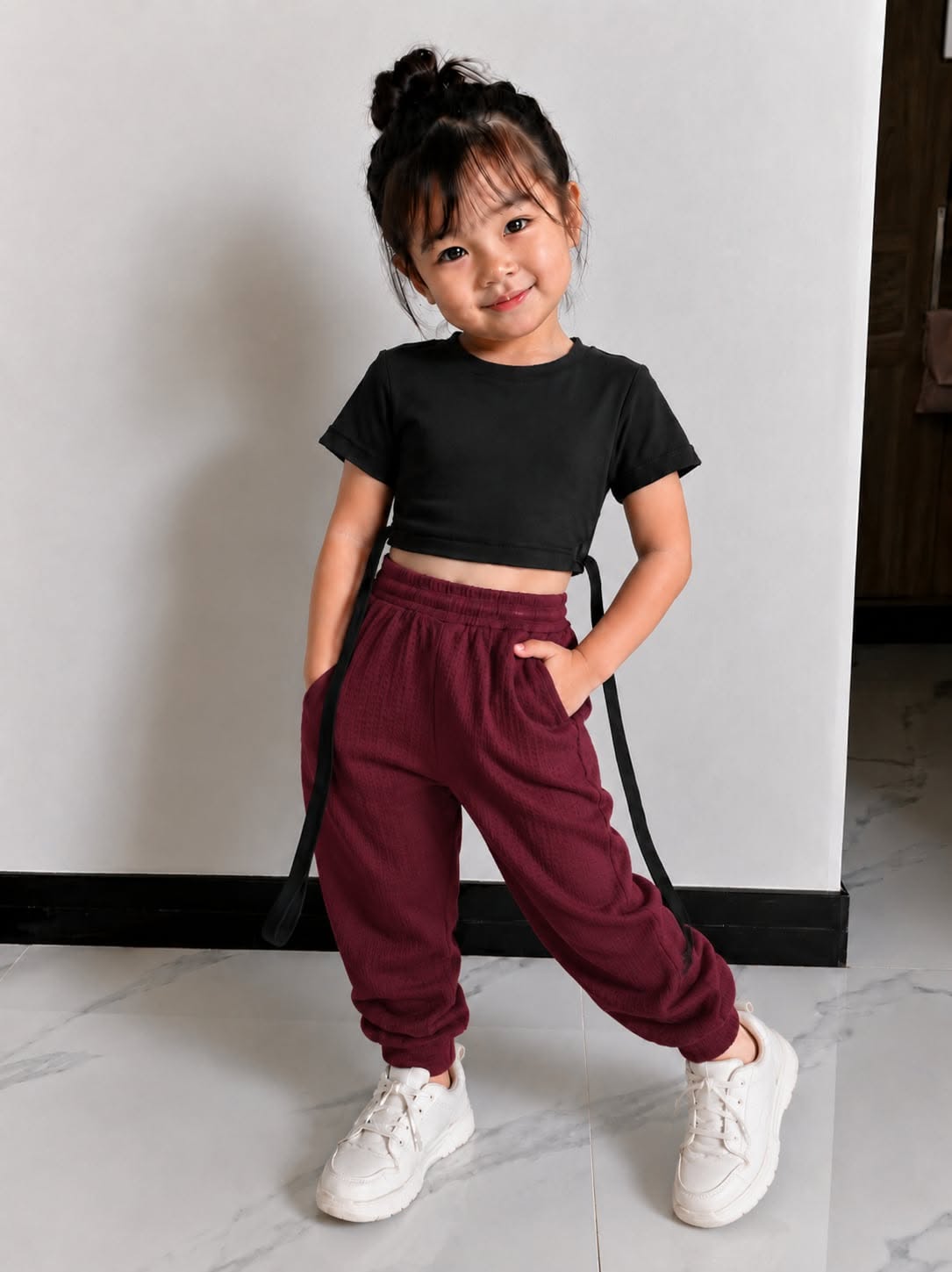 XDM-Kids Cotton Spandex Crop Top with Waffle Jogger Pants Terno Set