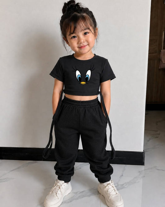XDM-Kids Cotton Spandex Crop Top with Waffle Jogger Pants Terno Set
