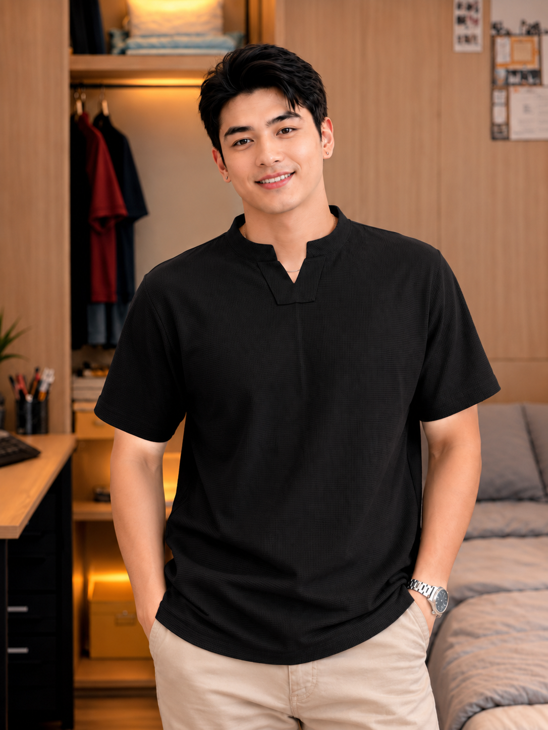 XDM-Sebastian Waffle Mandarin Collar Tee | Premium Waffle Fabric