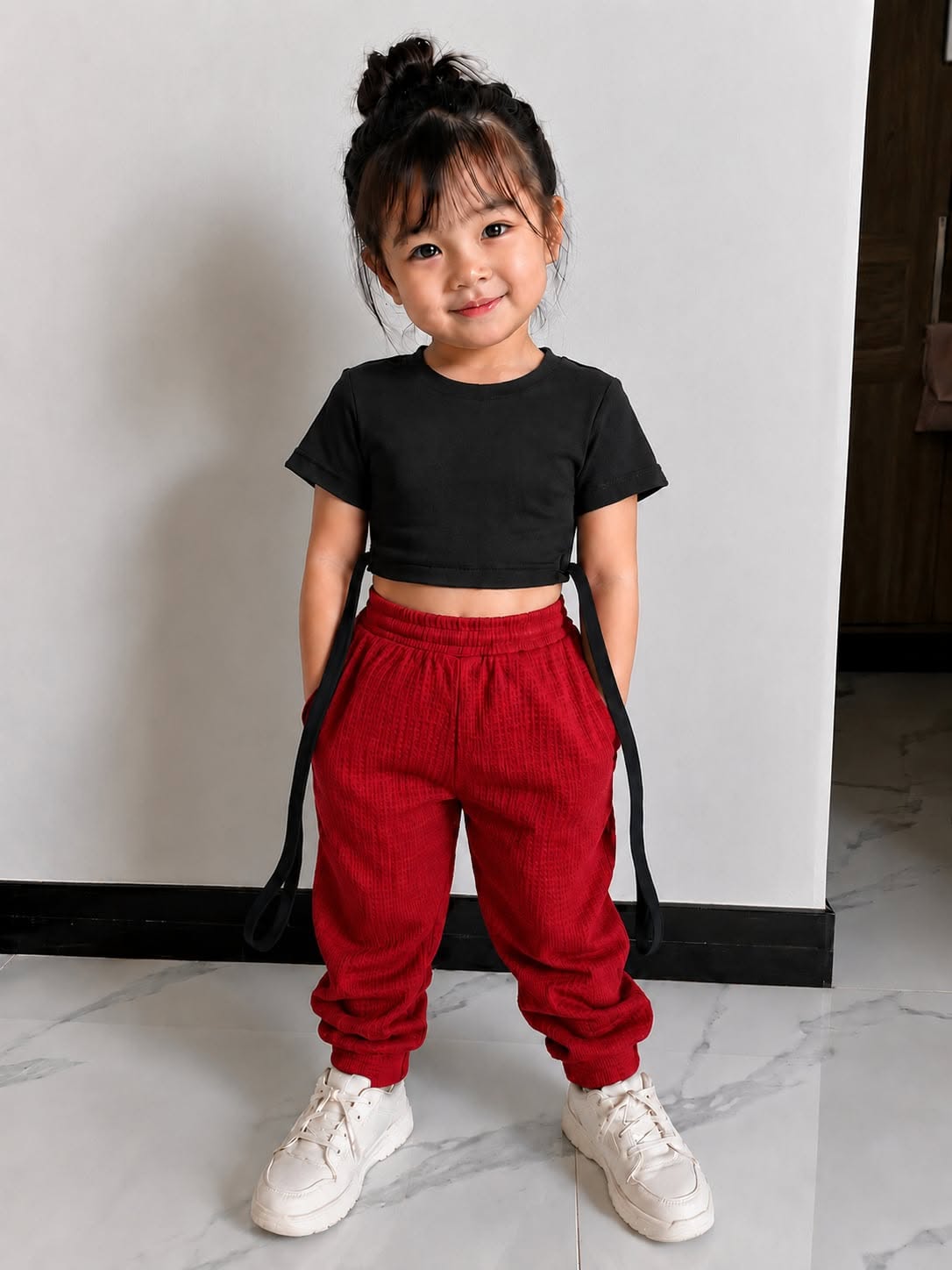 XDM-Kids Cotton Spandex Crop Top with Waffle Jogger Pants Terno Set