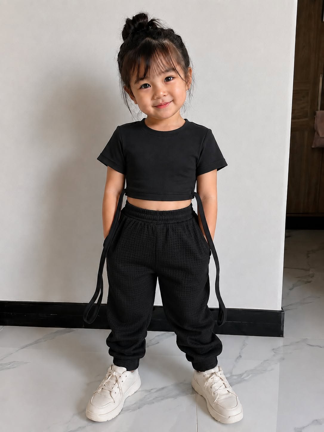 XDM-Kids Cotton Spandex Crop Top with Waffle Jogger Pants Terno Set