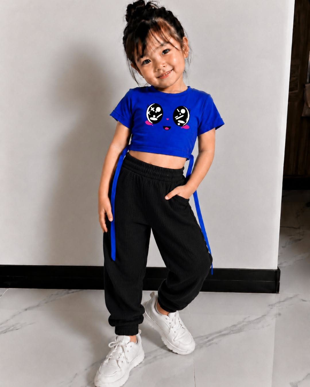 XDM-Kids Cotton Spandex Crop Top with Waffle Jogger Pants Terno Set