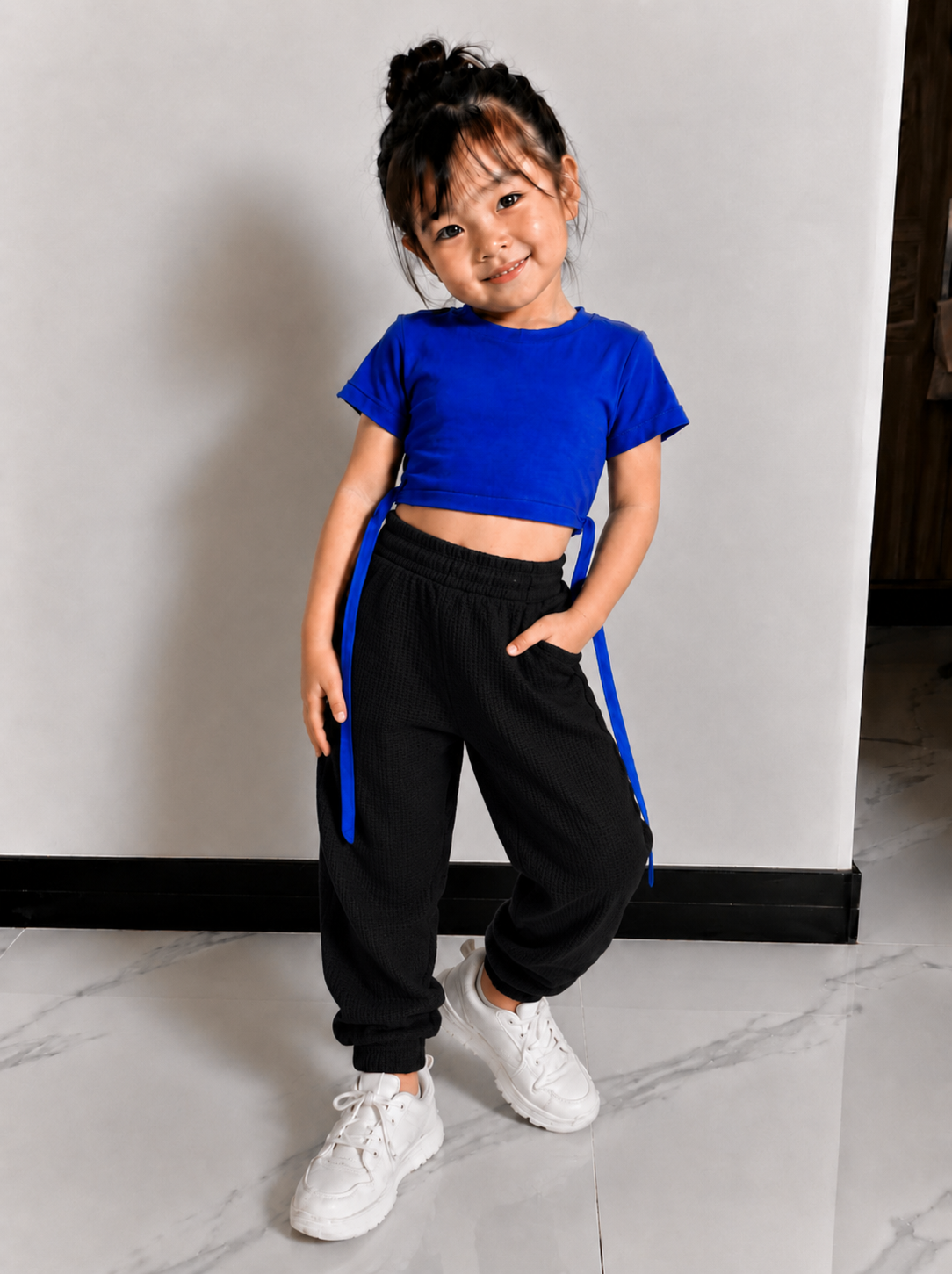 XDM-Kids Cotton Spandex Crop Top with Waffle Jogger Pants Terno Set