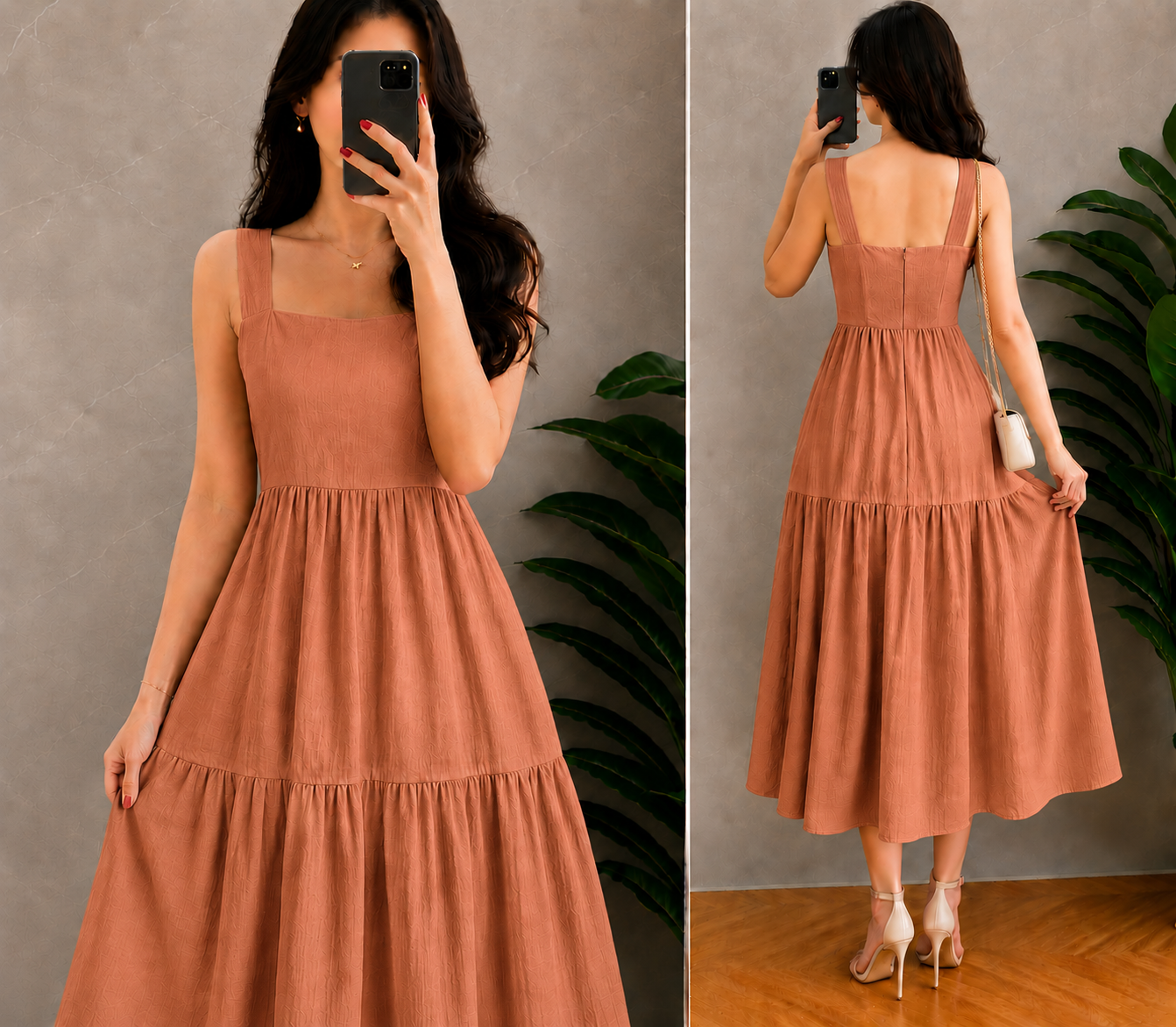 XDM-Elegant Cotton Linen  Midi Dress with Back Zipper