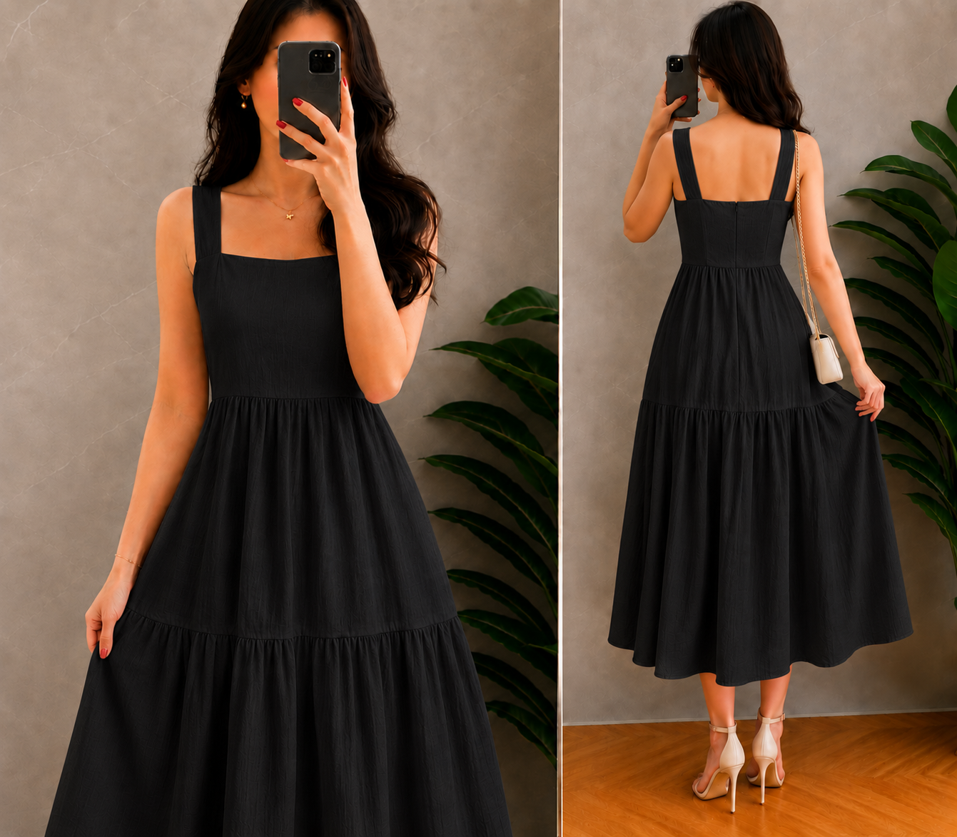 XDM-Elegant Cotton Linen  Midi Dress with Back Zipper