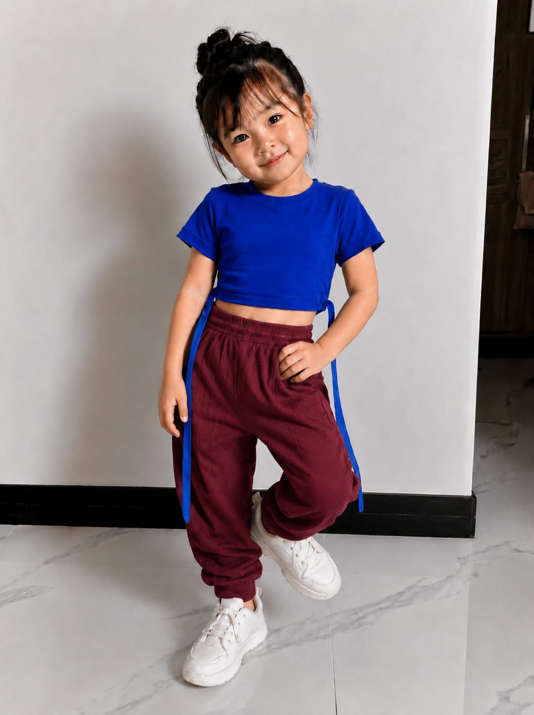 XDM-Kids Cotton Spandex Crop Top with Waffle Jogger Pants Terno Set