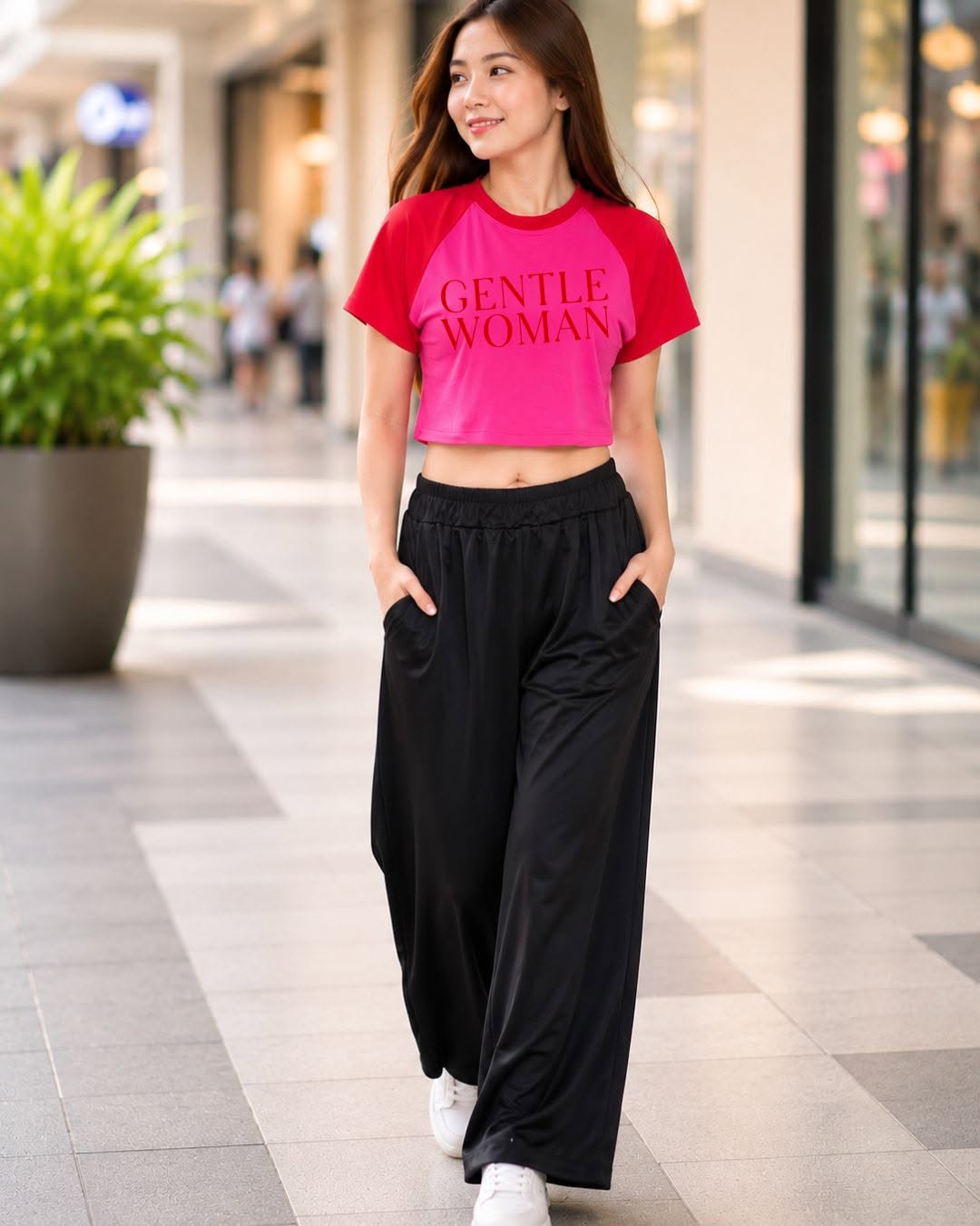 XDM-Trendy Cotton Spandex Cropped Tee & Wide-Leg Pants Terno Set