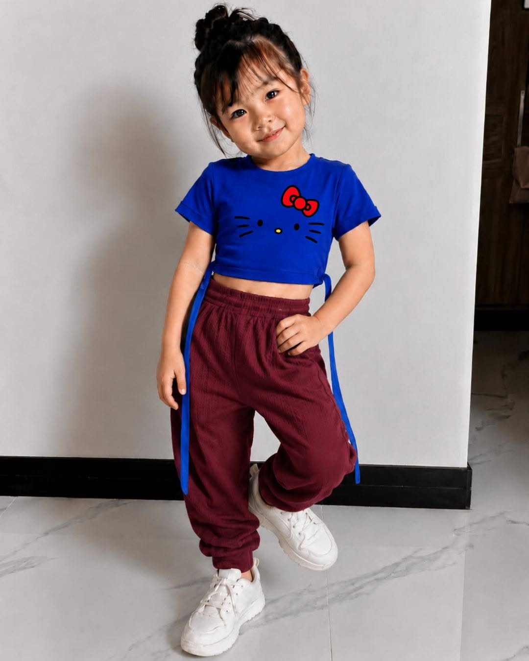 XDM-Kids Cotton Spandex Crop Top with Waffle Jogger Pants Terno Set