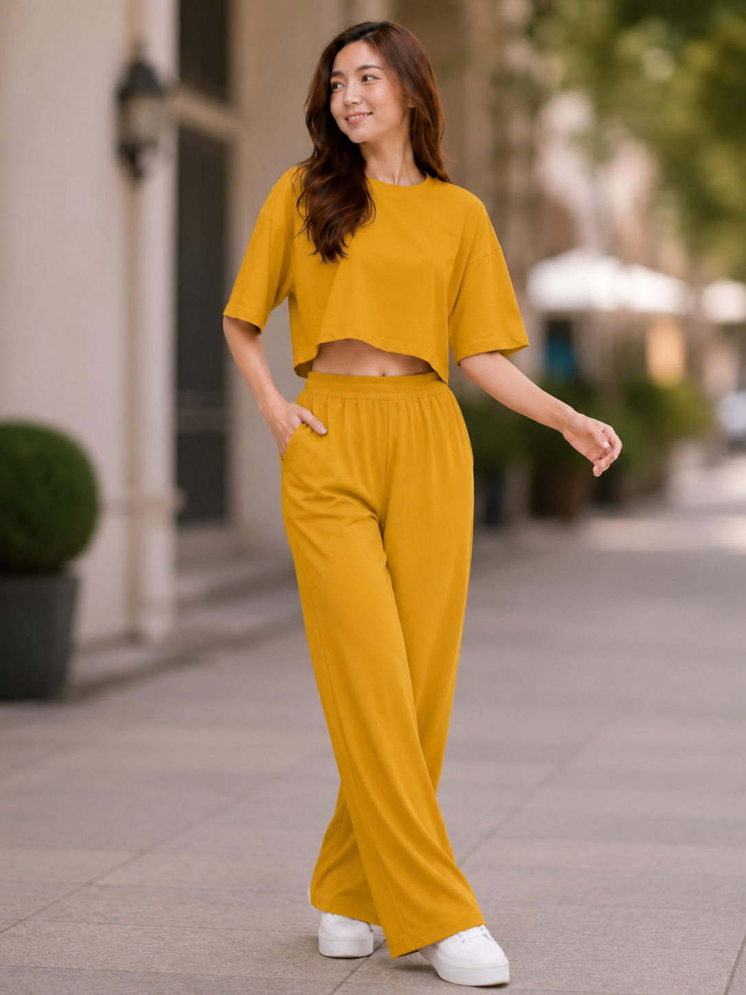 XDM-Chic Comfort Cotton Spandex Cropped Tee & Wide-Leg Lounge Pants Terno SetXDM-Chic Comfort Cotton Spandex Cropped Tee & Wide-Leg Lounge Pants Terno Set