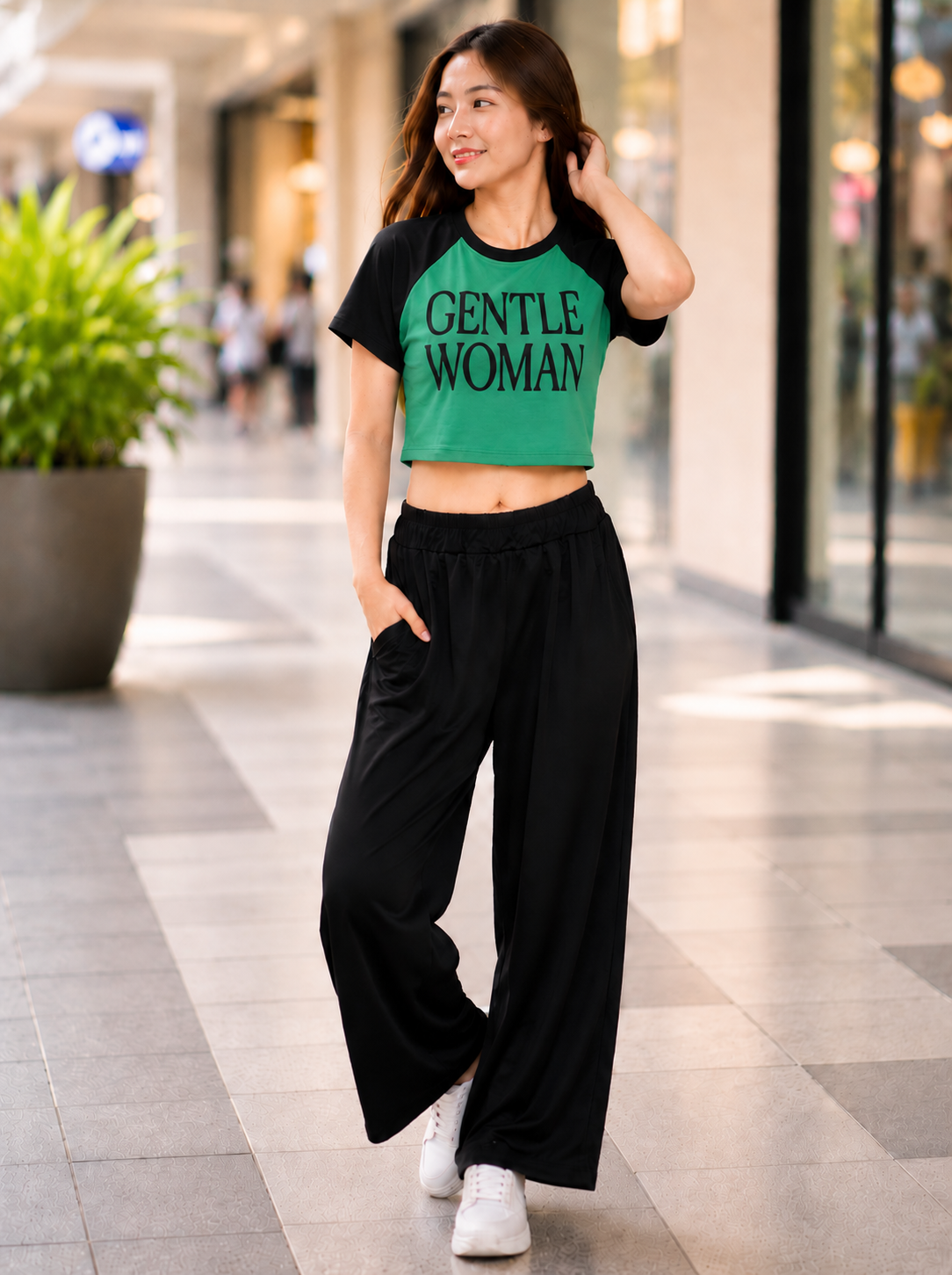 XDM-Trendy Cotton Spandex Cropped Tee & Wide-Leg Pants Terno Set