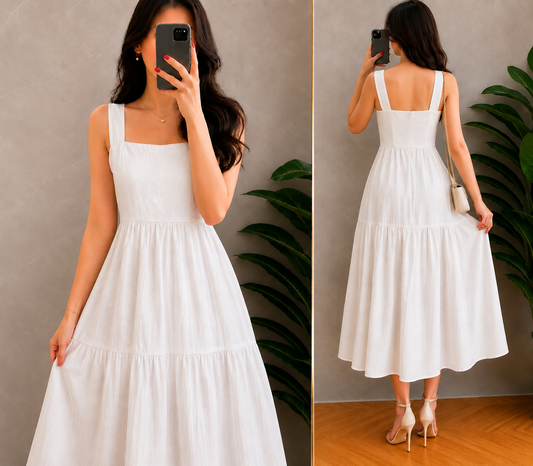 XDM-Elegant Cotton Linen  Midi Dress with Back Zipper