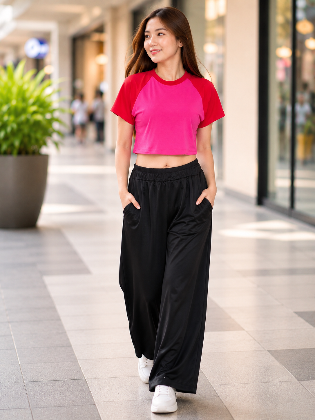XDM-Trendy Cotton Spandex Cropped Tee & Wide-Leg Pants Terno Set