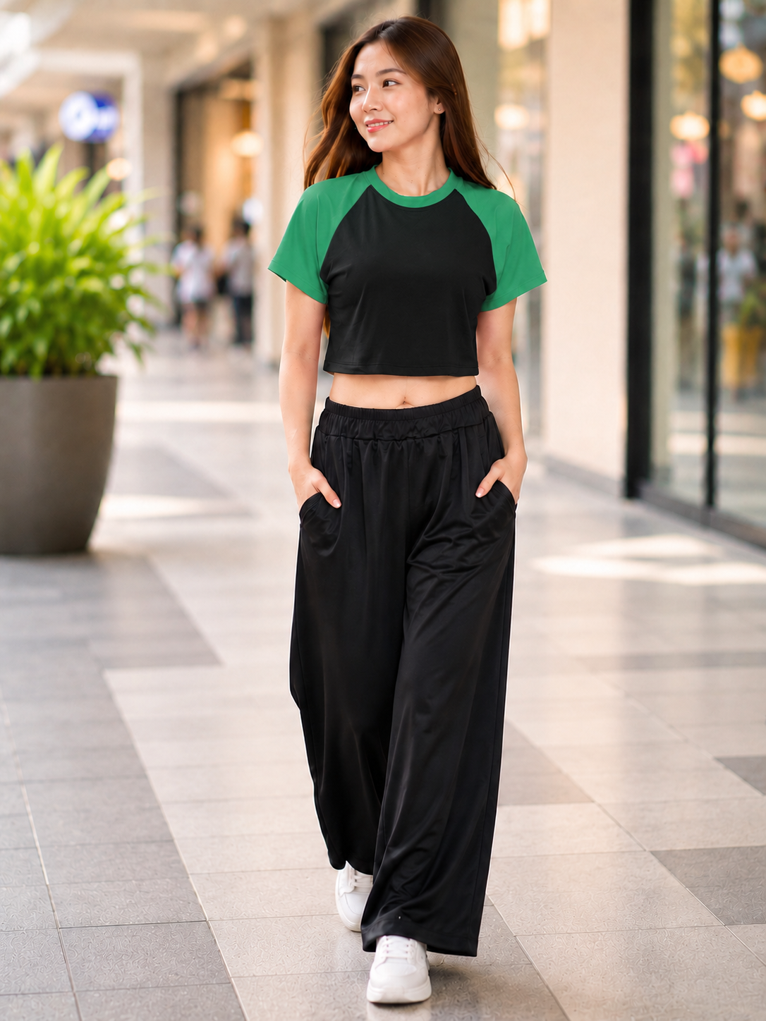 XDM-Trendy Cotton Spandex Cropped Tee & Wide-Leg Pants Terno Set