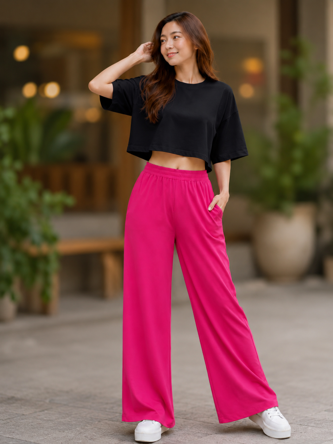 XDM-Chic Comfort Cotton Spandex Cropped Tee & Wide-Leg Lounge Pants Terno SetXDM-Chic Comfort Cotton Spandex Cropped Tee & Wide-Leg Lounge Pants Terno Set