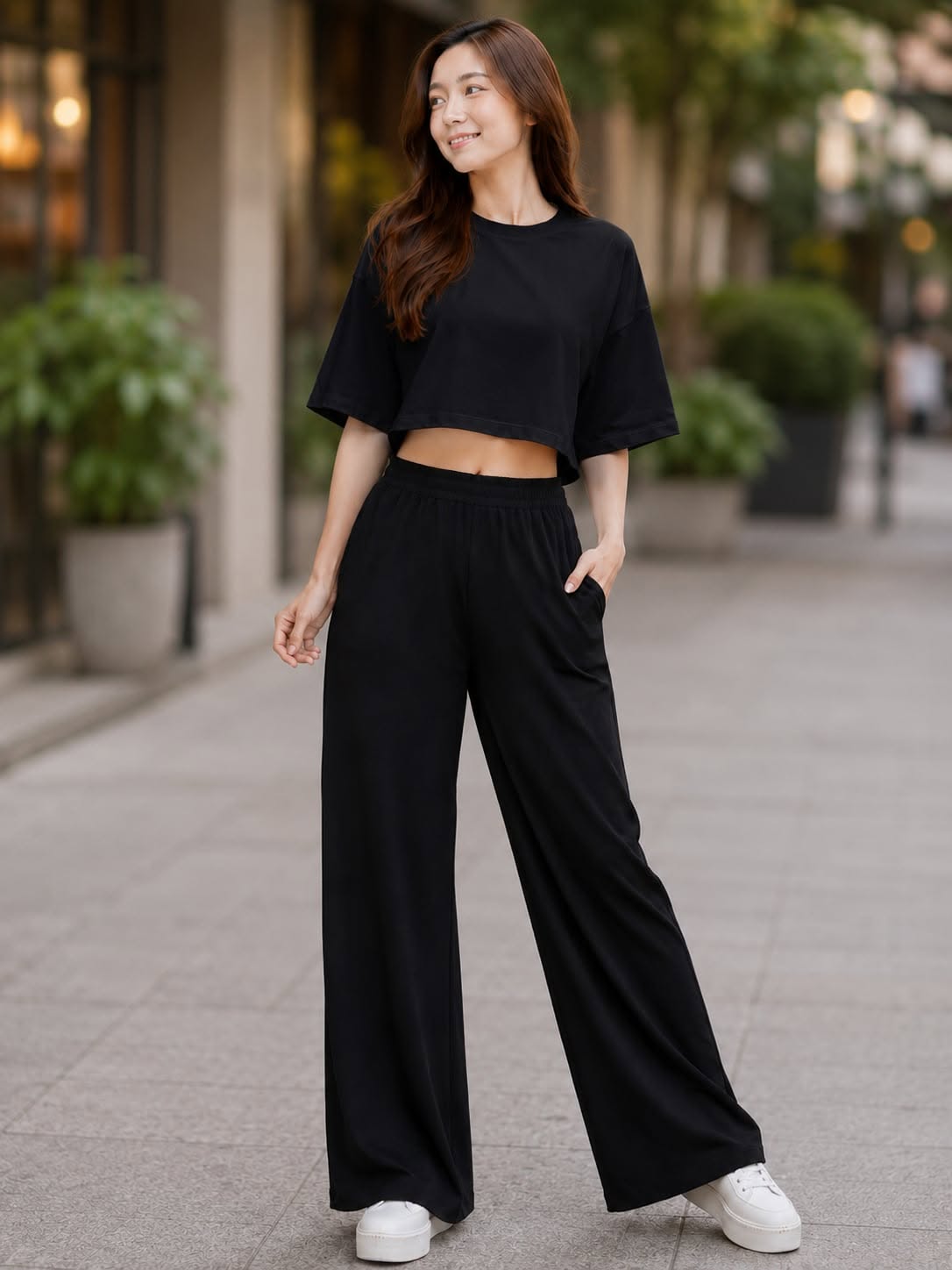 XDM-Chic Comfort Cotton Spandex Cropped Tee & Wide-Leg Lounge Pants Terno SetXDM-Chic Comfort Cotton Spandex Cropped Tee & Wide-Leg Lounge Pants Terno Set