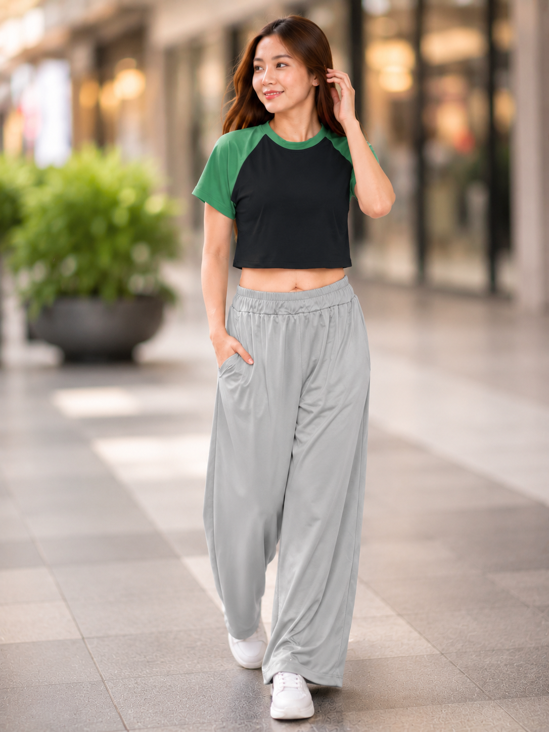 XDM-Trendy Cotton Spandex Cropped Tee & Wide-Leg Pants Terno Set