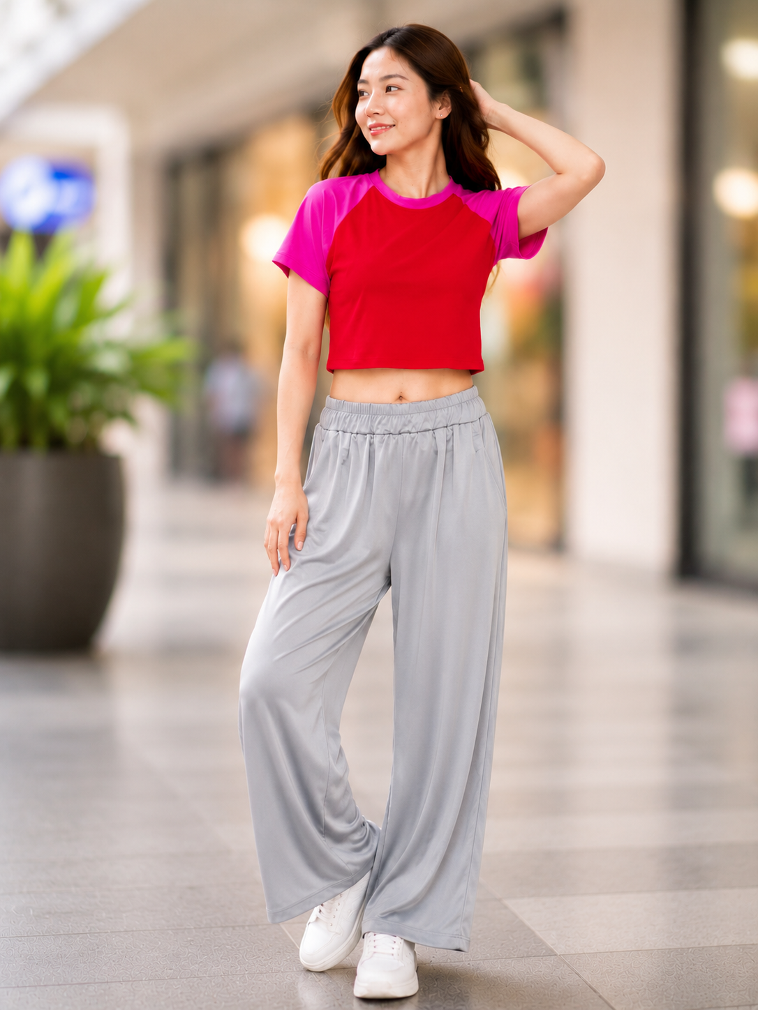 XDM-Trendy Cotton Spandex Cropped Tee & Wide-Leg Pants Terno Set