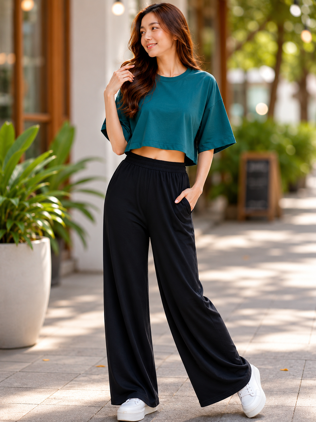 XDM-Chic Comfort Cotton Spandex Cropped Tee & Wide-Leg Lounge Pants Terno SetXDM-Chic Comfort Cotton Spandex Cropped Tee & Wide-Leg Lounge Pants Terno Set