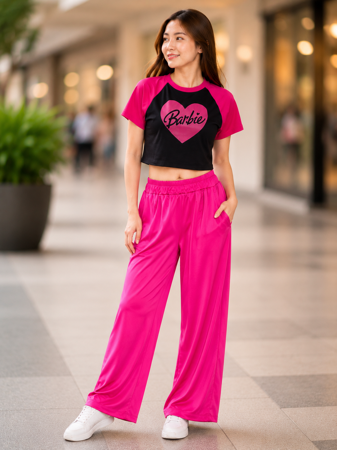 XDM-Trendy Cotton Spandex Cropped Tee & Wide-Leg Pants Terno Set