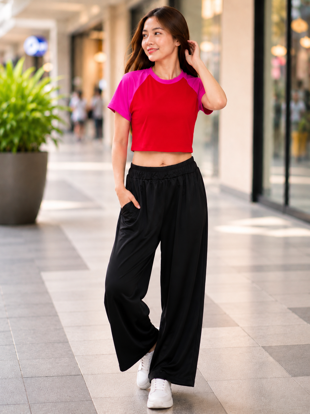 XDM-Trendy Cotton Spandex Cropped Tee & Wide-Leg Pants Terno Set