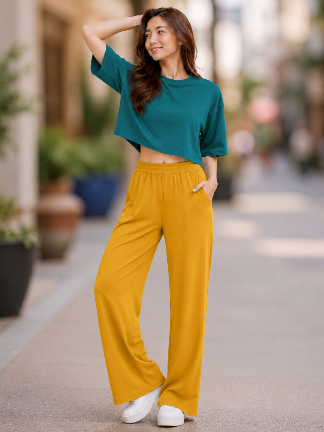 XDM-Chic Comfort Cotton Spandex Cropped Tee & Wide-Leg Lounge Pants Terno SetXDM-Chic Comfort Cotton Spandex Cropped Tee & Wide-Leg Lounge Pants Terno Set