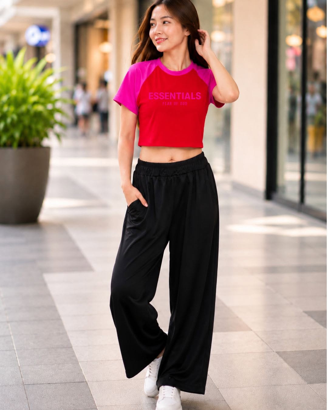 XDM-Trendy Cotton Spandex Cropped Tee & Wide-Leg Pants Terno Set