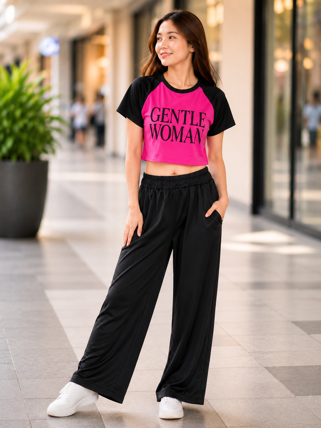 XDM-Trendy Cotton Spandex Cropped Tee & Wide-Leg Pants Terno Set