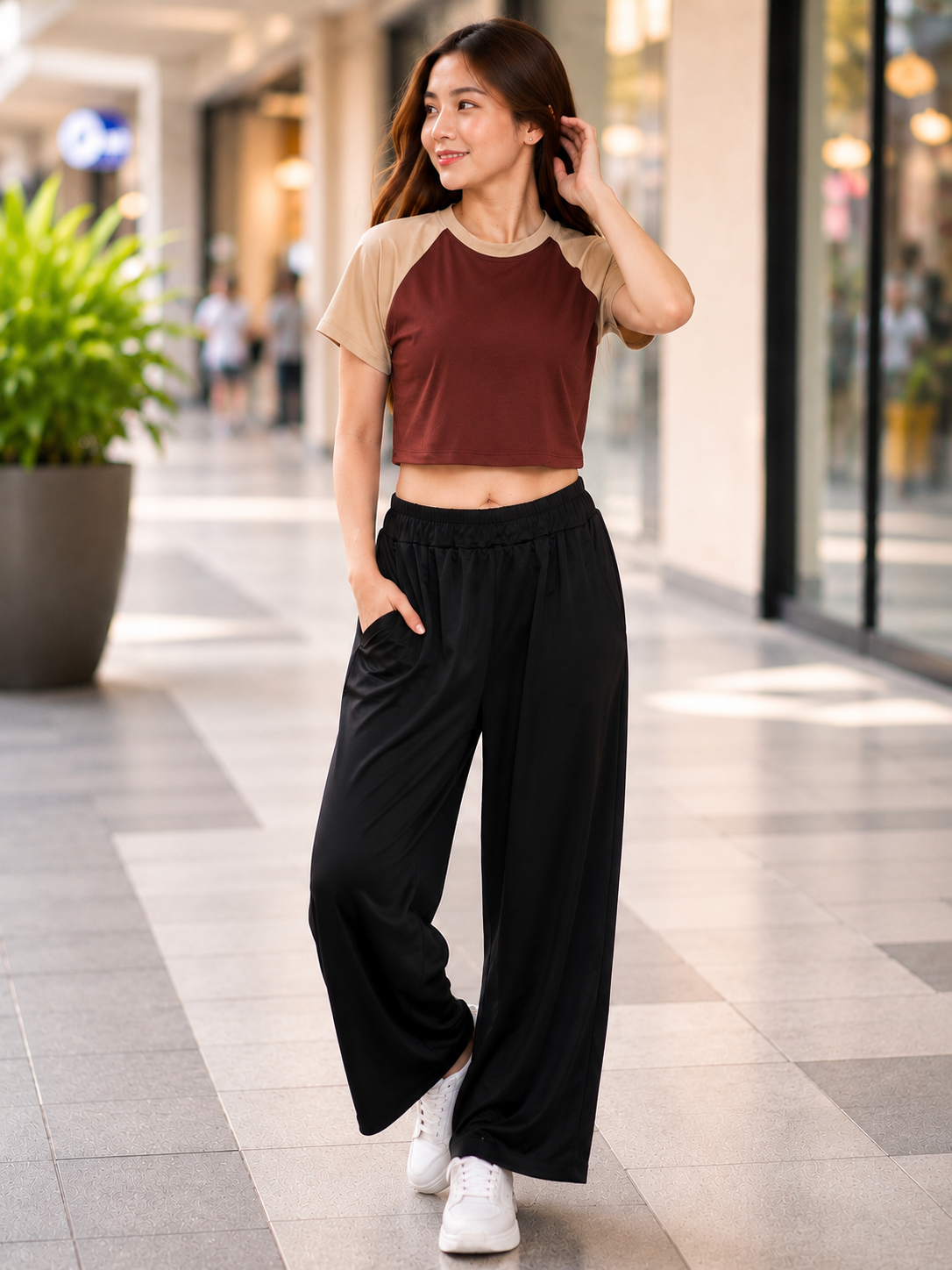 XDM-Trendy Cotton Spandex Cropped Tee & Wide-Leg Pants Terno Set