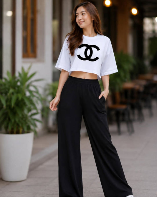 XDM-Chic Comfort Cotton Spandex Cropped Tee & Wide-Leg Lounge Pants Terno SetXDM-Chic Comfort Cotton Spandex Cropped Tee & Wide-Leg Lounge Pants Terno Set
