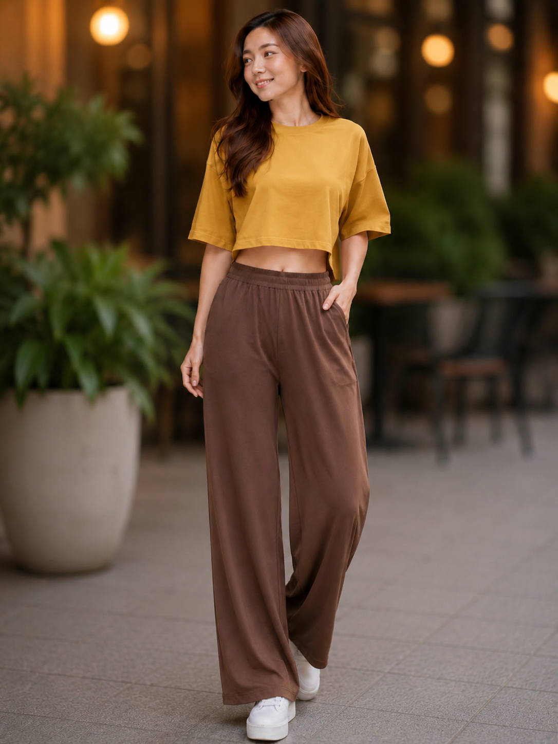 XDM-Chic Comfort Cotton Spandex Cropped Tee & Wide-Leg Lounge Pants Terno SetXDM-Chic Comfort Cotton Spandex Cropped Tee & Wide-Leg Lounge Pants Terno Set